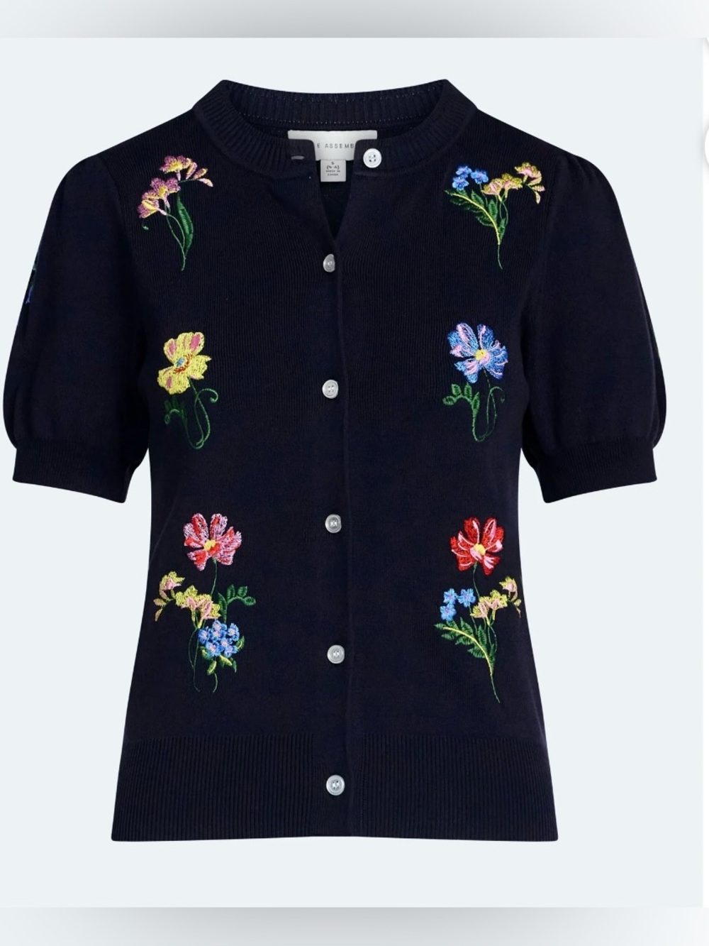 NWT Free Assembly Embroidered Floral Puff Sleeve Cardigan Navy XS Button Front
